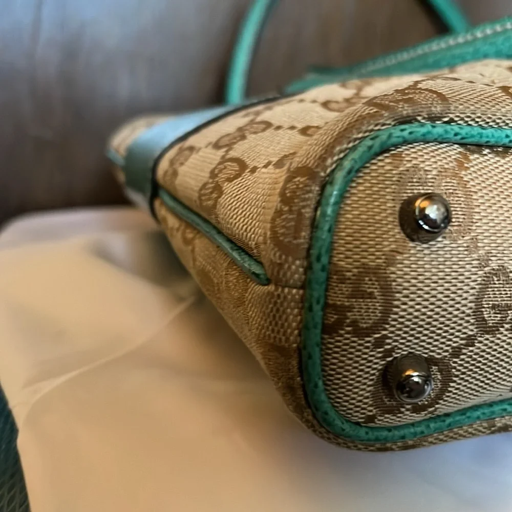 Gucci vintage green teal trim monogram canvas Abbey bag & Gucci dust bag - Picture 8 of 16